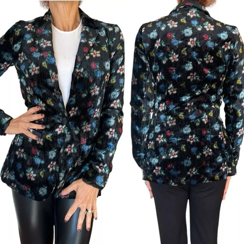 ANTHROPOLOGIE Ett Twa Blooming Velvet Floral Jacket Blazer 4 S